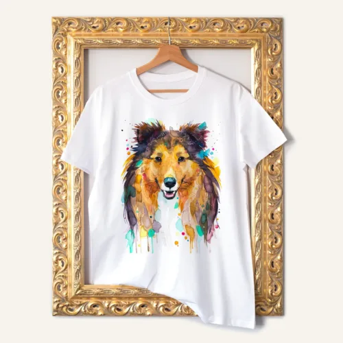 Sheltie T-Shirt, Watercolor Art Tee Sheltie watercolor painting printed on a white cotton T-shirt by Slaveika Aladjova