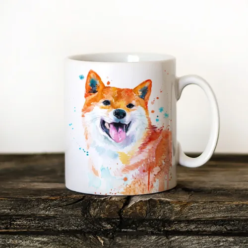 Shiba Inu Art Mug, Watercolor Ceramic Mug 11 oz Shiba Inu watercolor painting printed on an 11 oz ceramic art mug by Slaveika Aladjova