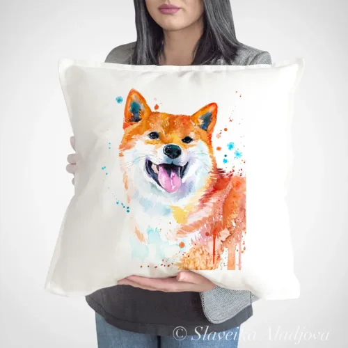 Shiba Inu watercolor painting printed on a 50 x 50 cm cotton art pillow cover by Slaveika Aladjova