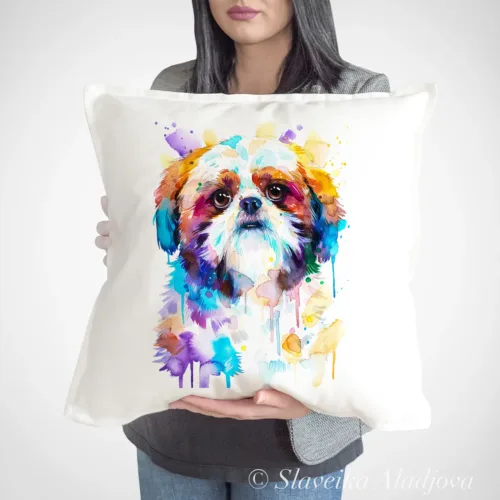 Shih Tzu Art Pillow Cover, Watercolor Cushion 50 × 50 cm Shih Tzu watercolor painting printed on a 50 x 50 cm cotton art pillow cover by Slaveika Aladjova