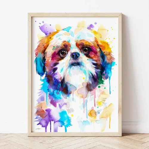 Shih Tzu watercolor painting the artwork on the T-shirt by Slaveika Aladjova