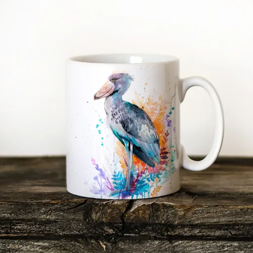 Shoebill Art Mug, Watercolor Ceramic Mug 11 oz Shoebill watercolor painting printed on an 11 oz ceramic art mug by Slaveika Aladjova