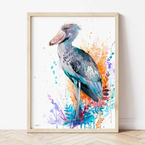Shoebill watercolor painting the artwork on the T-shirt by Slaveika Aladjova