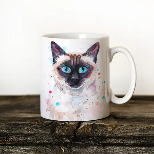 Siamese Cat watercolor painting printed on an 11 oz ceramic art mug by Slaveika Aladjova