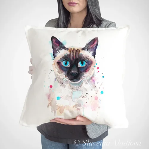 Siamese Cat Art Pillow Cover, Watercolor Cushion 50 × 50 cm Siamese Cat watercolor painting printed on a 50 x 50 cm cotton art pillow cover by Slaveika Aladjova