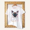 Siamese Cat watercolor painting printed on a white cotton T-shirt by Slaveika Aladjova