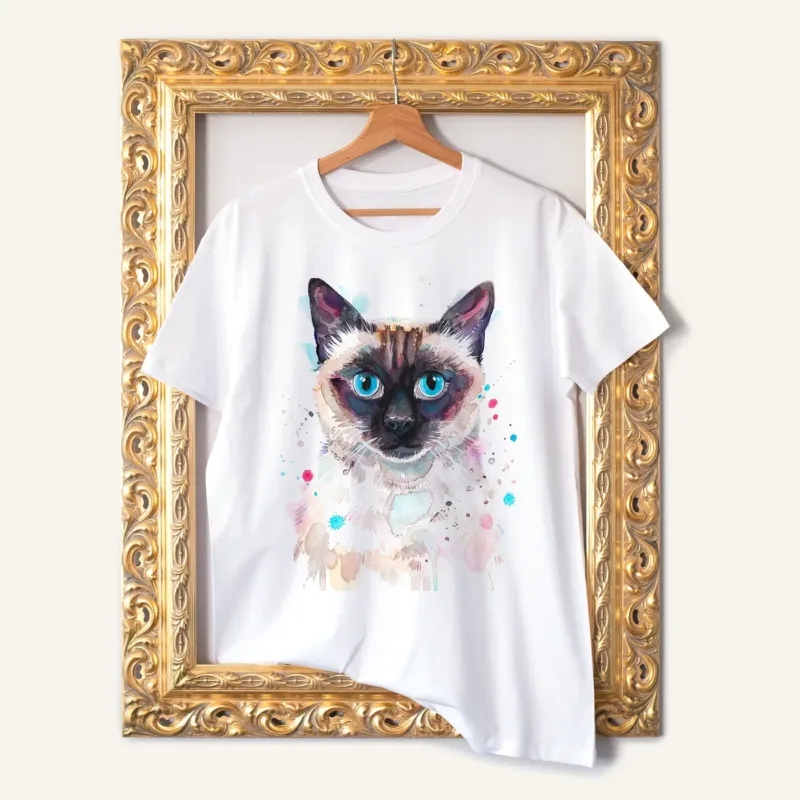 Siamese Cat watercolor painting printed on a white cotton T-shirt by Slaveika Aladjova