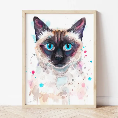 Siamese Cat watercolor painting the artwork on the T-shirt by Slaveika Aladjova