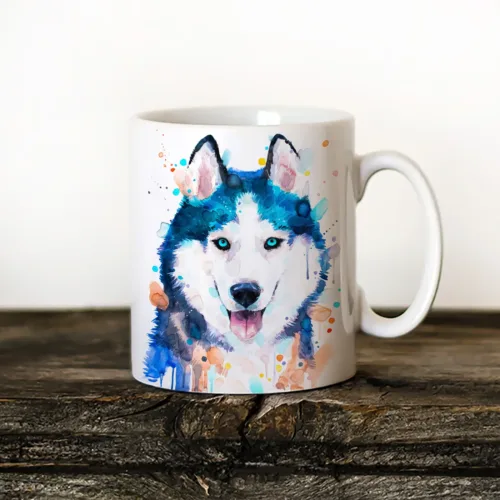 Siberian Husky Art Mug, Watercolor Ceramic Mug 11 oz Siberian Husky watercolor painting printed on an 11 oz ceramic art mug by Slaveika Aladjova