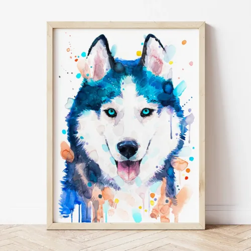 Siberian Husky watercolor painting the artwork on the T-shirt by Slaveika Aladjova