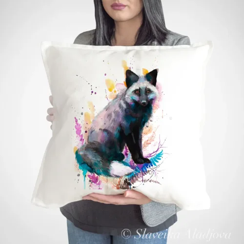 Silver Fox watercolor painting printed on a 50 x 50 cm cotton art pillow cover by Slaveika Aladjova