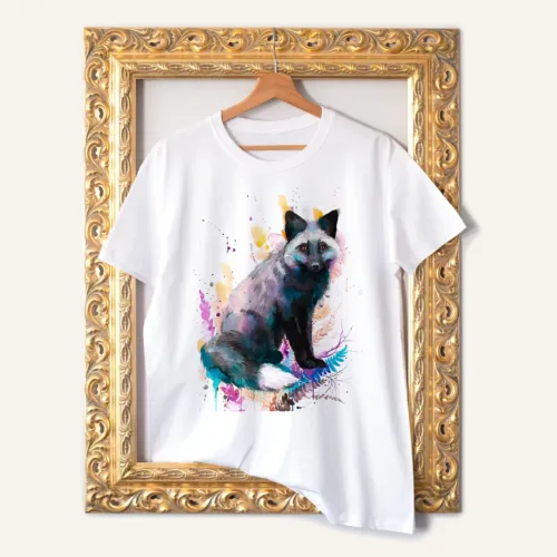 Silver Fox T-Shirt, Watercolor Art Tee Silver Fox watercolor painting printed on a white cotton T-shirt by Slaveika Aladjova