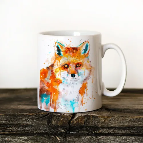 Sitting Fox Art Mug, Watercolor Ceramic Mug 11 oz Sitting Fox watercolor painting printed on an 11 oz ceramic art mug by Slaveika Aladjova