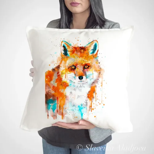 Sitting Fox Art Pillow Cover, Watercolor Cushion 50 × 50 cm Sitting Fox watercolor painting printed on a 50 x 50 cm cotton art pillow cover by Slaveika Aladjova