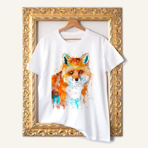 Sitting Fox T-Shirt, Watercolor Art Tee Sitting Fox watercolor painting printed on a white cotton T-shirt by Slaveika Aladjova