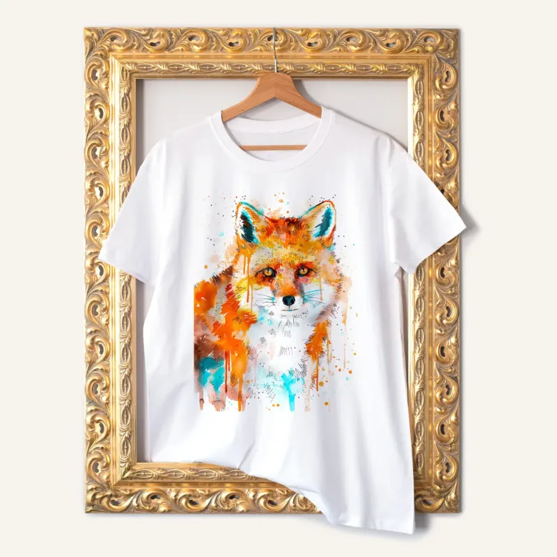 Sitting Fox watercolor painting printed on a white cotton T-shirt by Slaveika Aladjova