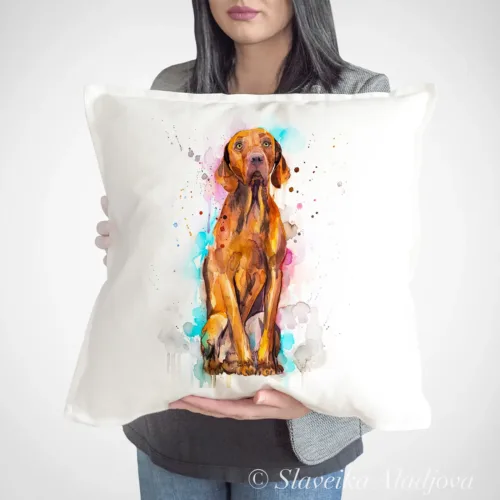Sitting Vizsla watercolor painting printed on a 50 x 50 cm cotton art pillow cover by Slaveika Aladjova