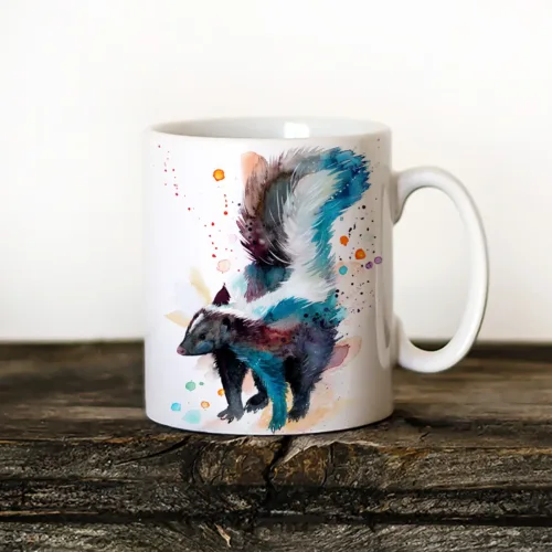 Skunk watercolor painting printed on an 11 oz ceramic art mug by Slaveika Aladjova