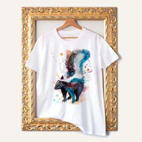 Skunk watercolor painting printed on a white cotton T-shirt by Slaveika Aladjova