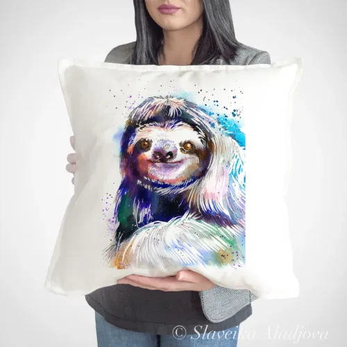 Sloth Art Pillow Cover, Watercolor Cushion 50 × 50 cm Sloth watercolor painting printed on a 50 x 50 cm cotton art pillow cover by Slaveika Aladjova