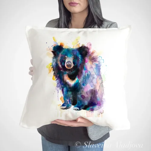 Sloth Bear Art Pillow Cover, Watercolor Cushion 50 × 50 cm Sloth Bear watercolor painting printed on a 50 x 50 cm cotton art pillow cover by Slaveika Aladjova