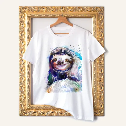 Sloth watercolor painting printed on a white cotton T-shirt by Slaveika Aladjova