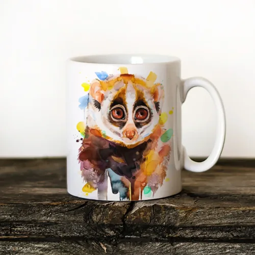 Slow Loris Art Mug, Watercolor Ceramic Mug 11 oz Slow Loris watercolor painting printed on an 11 oz ceramic art mug by Slaveika Aladjova