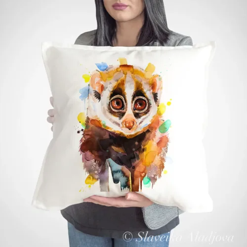 Slow Loris Art Pillow Cover, Watercolor Cushion 50 × 50 cm Slow Loris watercolor painting printed on a 50 x 50 cm cotton art pillow cover by Slaveika Aladjova