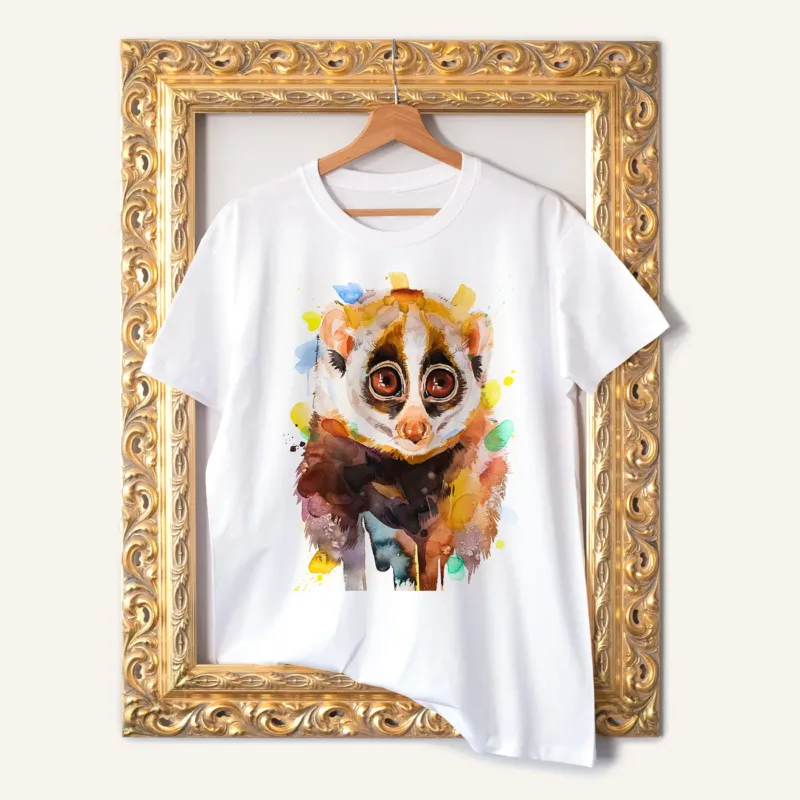 Slow Loris watercolor painting printed on a white cotton T-shirt by Slaveika Aladjova