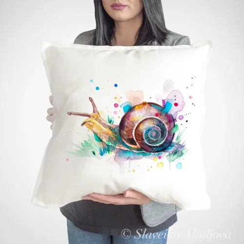 Snail Art Pillow Cover, Watercolor Cushion 50 × 50 cm Snail watercolor painting printed on a 50 x 50 cm cotton art pillow cover by Slaveika Aladjova