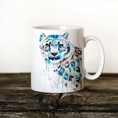 Snow Leopard Art Mug, Watercolor Ceramic Mug 11 oz Snow Leopard watercolor painting printed on an 11 oz ceramic art mug by Slaveika Aladjova