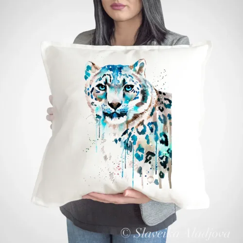 Snow Leopard Art Pillow Cover, Watercolor Cushion 50 × 50 cm Snow Leopard watercolor painting printed on a 50 x 50 cm cotton art pillow cover by Slaveika Aladjova