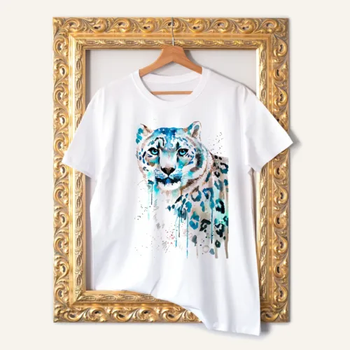 Snow Leopard T-Shirt, Watercolor Art Tee Snow Leopard watercolor painting printed on a white cotton T-shirt by Slaveika Aladjova