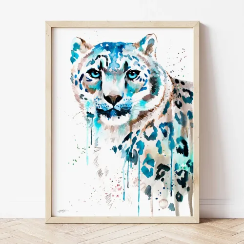 Snow Leopard watercolor painting the artwork on the T-shirt by Slaveika Aladjova