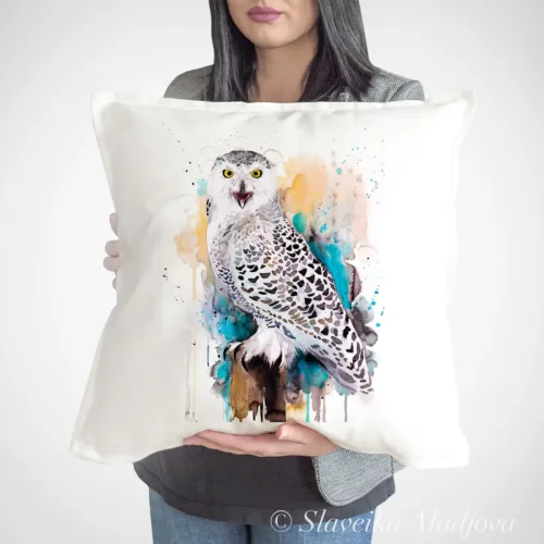 Snowy Owl Art Pillow Cover, Watercolor Cushion 50 × 50 cm Snowy Owl watercolor painting printed on a 50 x 50 cm cotton art pillow cover by Slaveika Aladjova