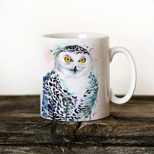 Snowy Owl Portrait Art Mug, Watercolor Ceramic Mug 11 oz Snowy Owl Portrait watercolor painting printed on an 11 oz ceramic art mug by Slaveika Aladjova