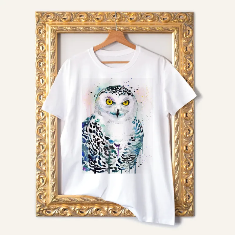 Snowy Owl Portrait watercolor painting printed on a white cotton T-shirt by Slaveika Aladjova