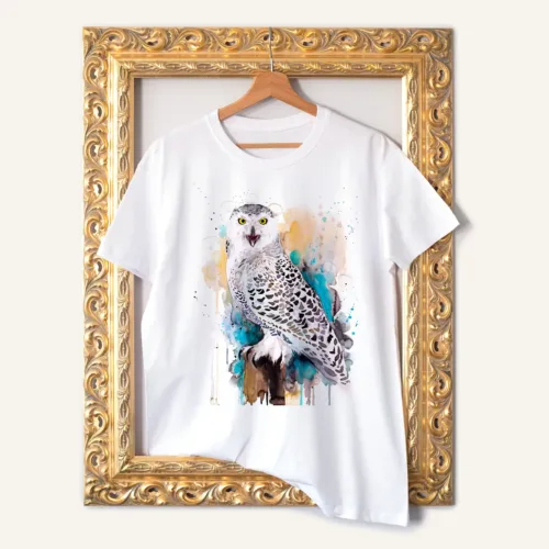 Snowy Owl watercolor painting printed on a white cotton T-shirt by Slaveika Aladjova