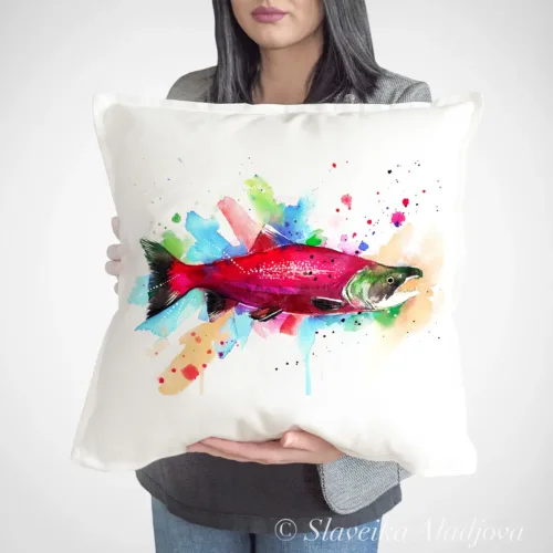 Sockeye Salmon Art Pillow Cover, Watercolor Cushion 50 × 50 cm Sockeye Salmon watercolor painting printed on a 50 x 50 cm cotton art pillow cover by Slaveika Aladjova
