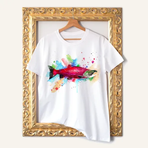 Sockeye Salmon T-Shirt, Watercolor Art Tee Sockeye Salmon watercolor painting printed on a white cotton T-shirt by Slaveika Aladjova