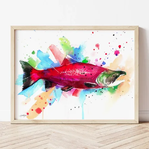 Sockeye Salmon watercolor painting the artwork on the T-shirt by Slaveika Aladjova