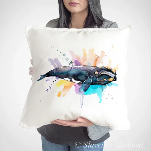 Southern Right Whale Art Pillow Cover, Watercolor Cushion 50 × 50 cm Southern Right Whale watercolor painting printed on a 50 x 50 cm cotton art pillow cover by Slaveika Aladjova