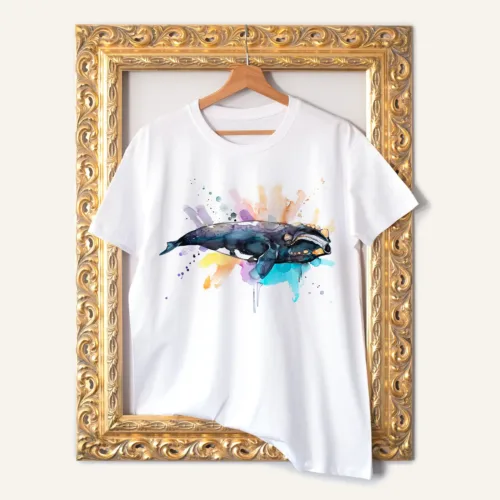 Southern Right Whale T-Shirt, Watercolor Art Tee Southern Right Whale watercolor painting printed on a white cotton T-shirt by Slaveika Aladjova