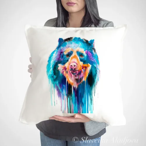 Spectacled Bear Art Pillow Cover, Watercolor Cushion 50 × 50 cm Spectacled Bear watercolor painting printed on a 50 x 50 cm cotton art pillow cover by Slaveika Aladjova