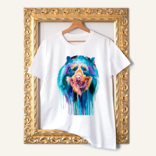 Spectacled Bear T-Shirt, Watercolor Art Tee Spectacled Bear watercolor painting printed on a white cotton T-shirt by Slaveika Aladjova