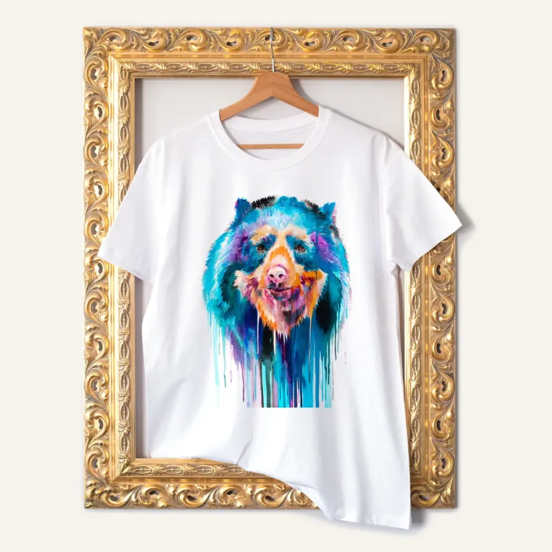 Spectacled Bear watercolor painting printed on a white cotton T-shirt by Slaveika Aladjova