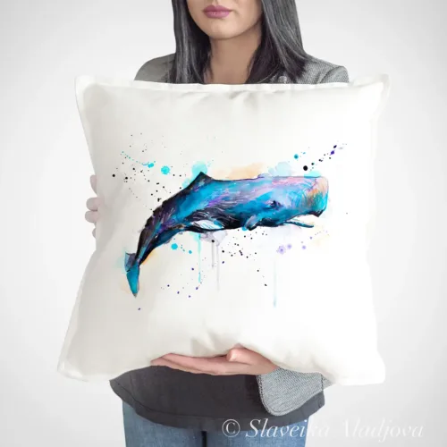 Sperm Whale Art Pillow Cover, Watercolor Cushion 50 × 50 cm Sperm Whale watercolor painting printed on a 50 x 50 cm cotton art pillow cover by Slaveika Aladjova
