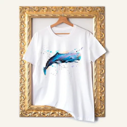 Sperm Whale T-Shirt, Watercolor Art Tee Sperm Whale watercolor painting printed on a white cotton T-shirt by Slaveika Aladjova