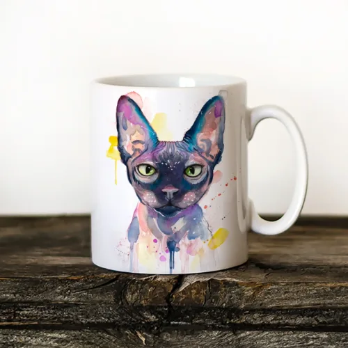 Sphynx Cat watercolor painting printed on an 11 oz ceramic art mug by Slaveika Aladjova