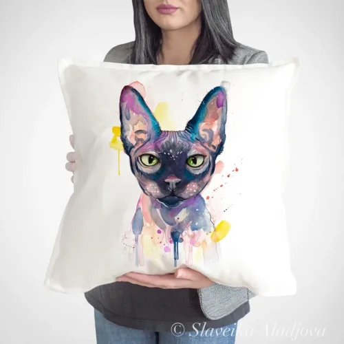 Sphynx Cat Art Pillow Cover, Watercolor Cushion 50 × 50 cm Sphynx Cat watercolor painting printed on a 50 x 50 cm cotton art pillow cover by Slaveika Aladjova
